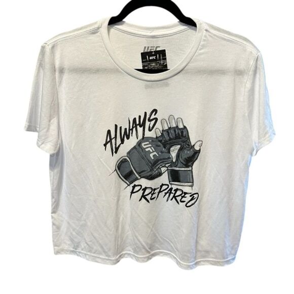 NWT UFC Women’s White Short Sleeve Graphic Crop Top “Always Prepared” - Size L - Picture 1 of 6